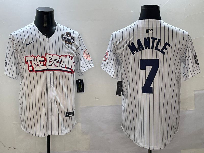 Men New York Yankees #7 Mantle White Stripe four generations Joint Name 2025 Nike MLB Jersey style 3->new york yankees->MLB Jersey